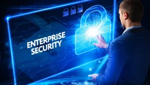 Illustration of enterprise security services featuring Zero Trust security, identity protection, network defense, and cybersecurity for modern enterprise infrastructure.